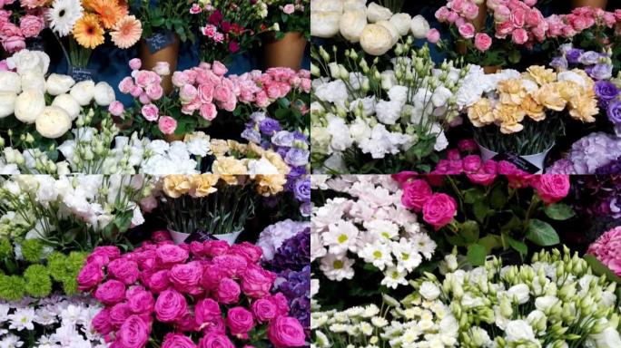 玫瑰花，绣球花，菊花和其他鲜花在花店的冰箱里。