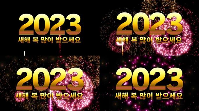 韩语 “新年2023快乐”。背景中的烟花。视频庆祝新年。