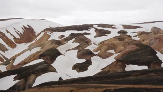 夏季冰岛高地的布兰妮斯坦萨尔达小径火山山和雪覆盖在Landmannalaugar