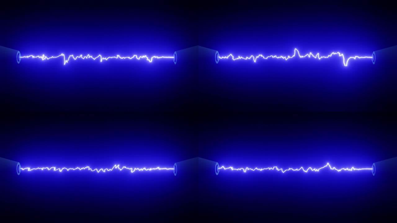 两个物体之间的电弧。黑暗背景下放电发出蓝色辉光。抽象的、循环的、动画背景。