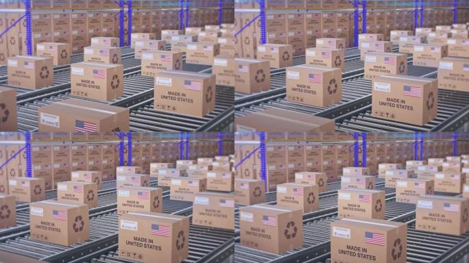 美国制造的传送带上贴有标签的盒子。包装的美国商品可循环动画。美国出口股票视频。