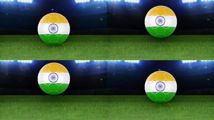 印度国旗足球，带灯跳入体育场。足球场和球，4k分辨率，循环-股票视频