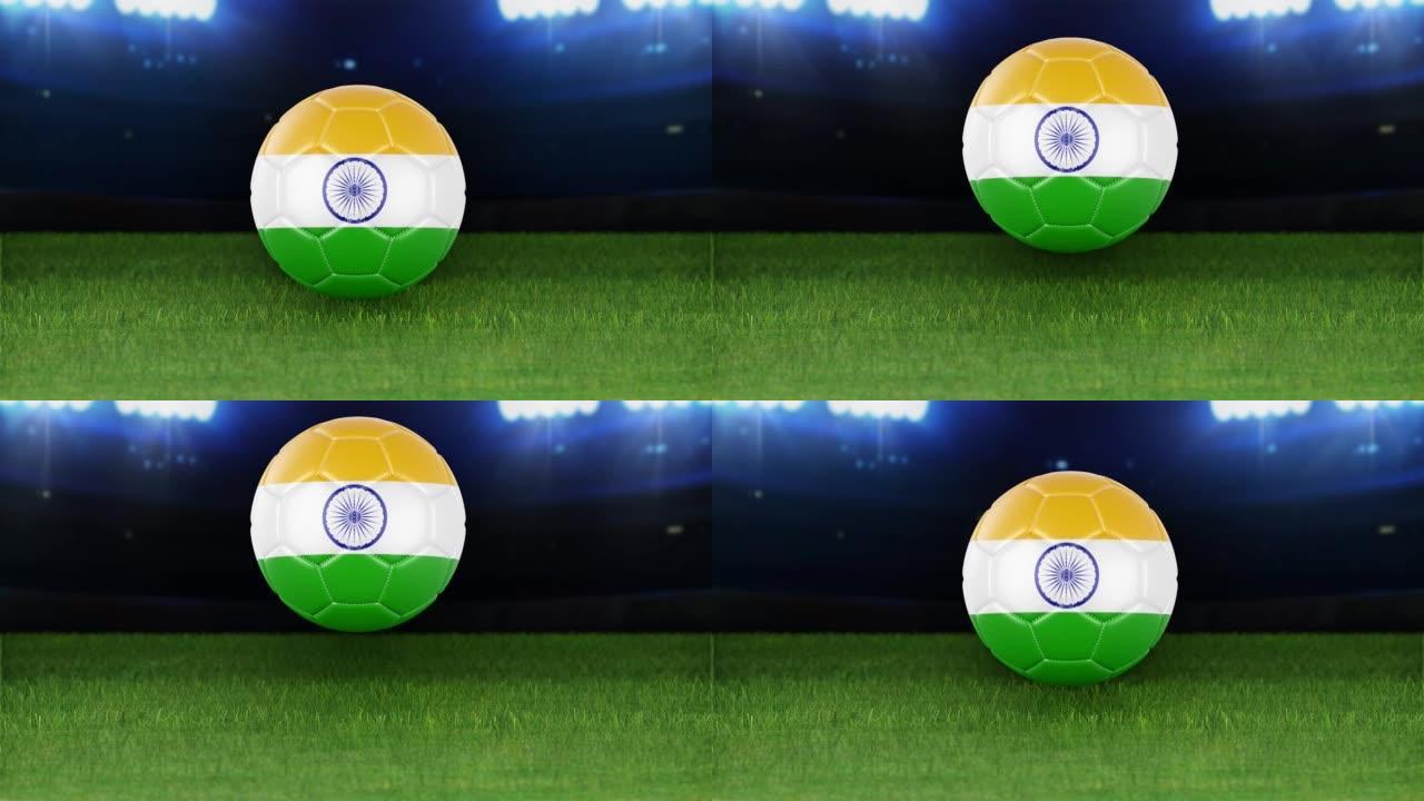 印度国旗足球，带灯跳入体育场。足球场和球，4k分辨率，循环-股票视频