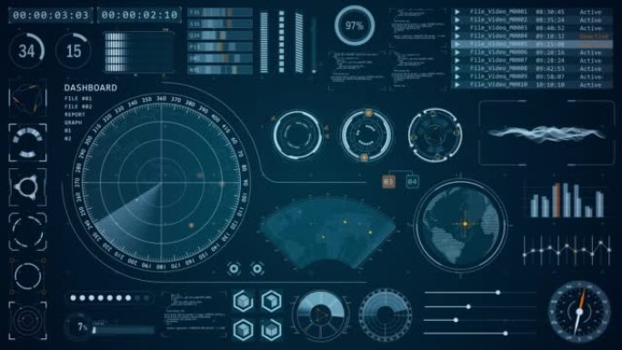 蓝色声纳雷达屏幕的运动图形用未来主义平视显示器 (HUD UI) 技术界面屏幕和聊天面板搜索对象抽象