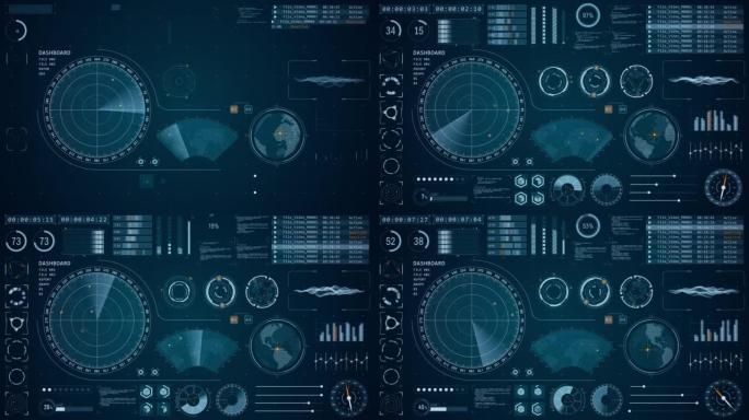 蓝色声纳雷达屏幕的运动图形用未来主义平视显示器 (HUD UI) 技术界面屏幕和聊天面板搜索对象抽象