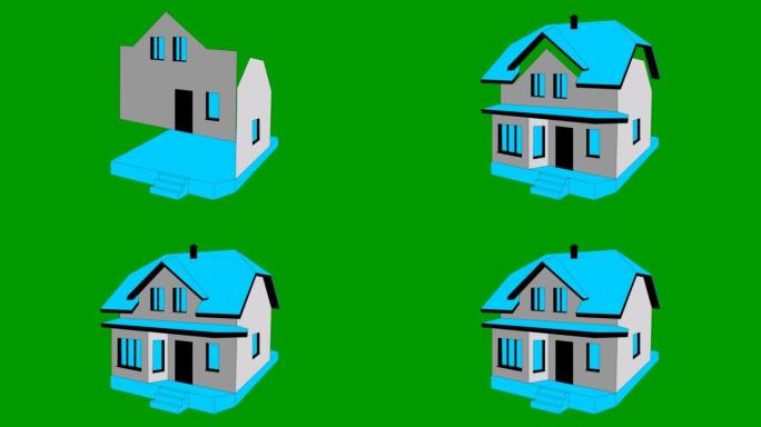 房子的象征。平面图标。盖房子的过程。家居、房地产的概念。矢量插图孤立在绿色背景上。