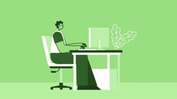绿色风格的男人在台式电脑上工作。带有Alpha通道的孤立循环动画