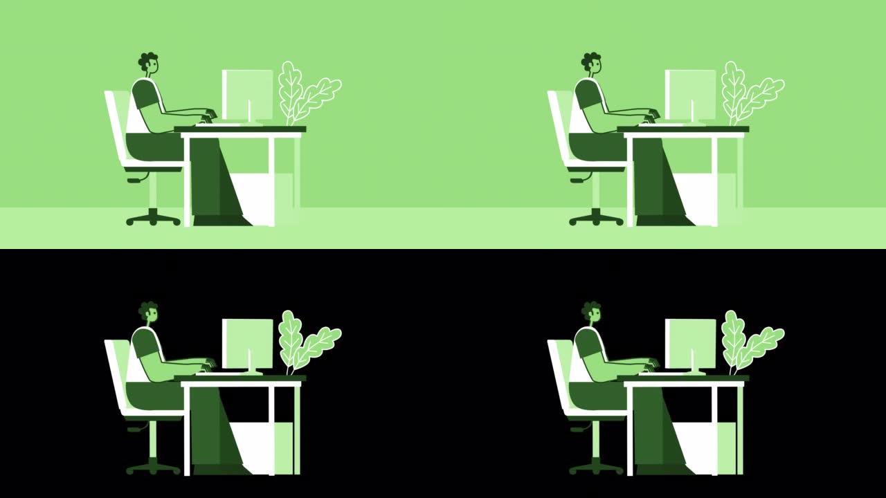 绿色风格的男人在台式电脑上工作。带有Alpha通道的孤立循环动画