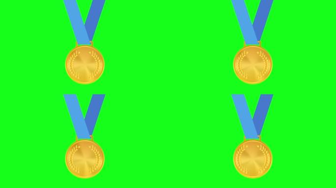 金牌。金色第一名徽章。体育游戏金挑战奖。红丝带