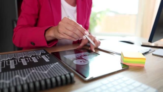 女性双手平板电脑用财务指标和营销人员放财务增长之箭
