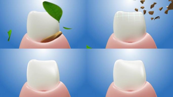 3d逼真的清洁和肮脏的牙齿，清除牙齿过程。牙齿美白。牙齿健康概念。口腔护理，牙齿恢复牙齿健康牙齿护理