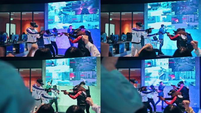 2支亚洲电子竞技团队在舞台上进行VR射击视频游戏的比赛，在总决赛中相互竞争