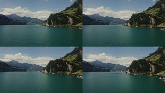 瑞士无人机视频阿尔卑斯山的湖畔小镇