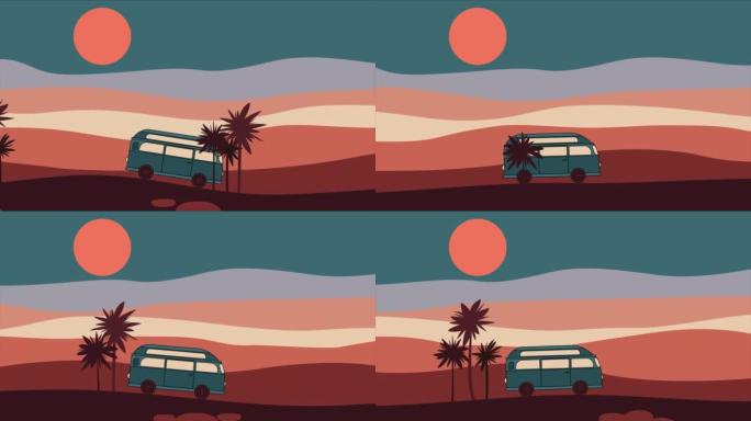 汽车在棕榈树的山景中行驶，动画。移动家用卡车旅行。在山背景上移动家庭旅行小巴。露营者在阳光明媚的夏日