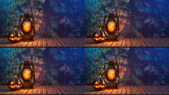 油灯，带大量飞蛾和万圣节南瓜灯，自然背景3D 4k动画，可复制任何文本
