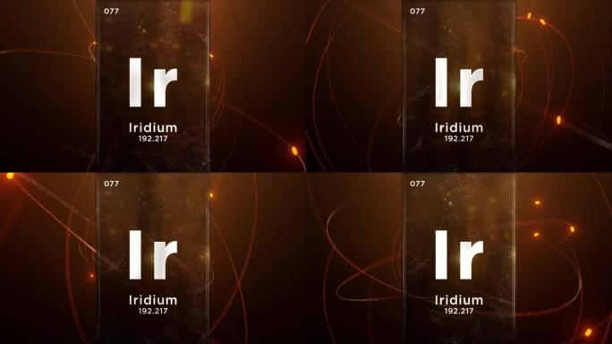 元素周期表的铱 (Ir) 符号化学元素，原子设计背景上的3D动画
