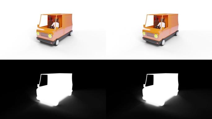 3d动画年轻的非裔美国人卡通男子驾驶卡车。送货员。