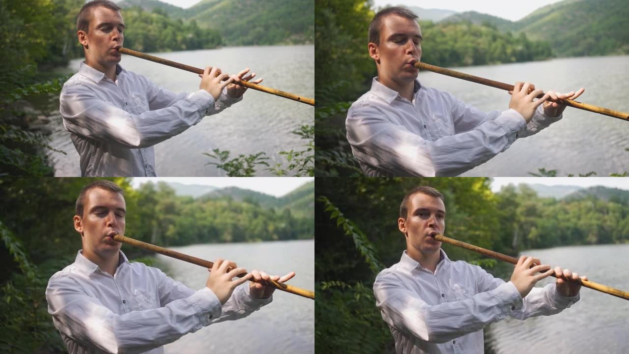男音乐家用木管乐器模仿自然