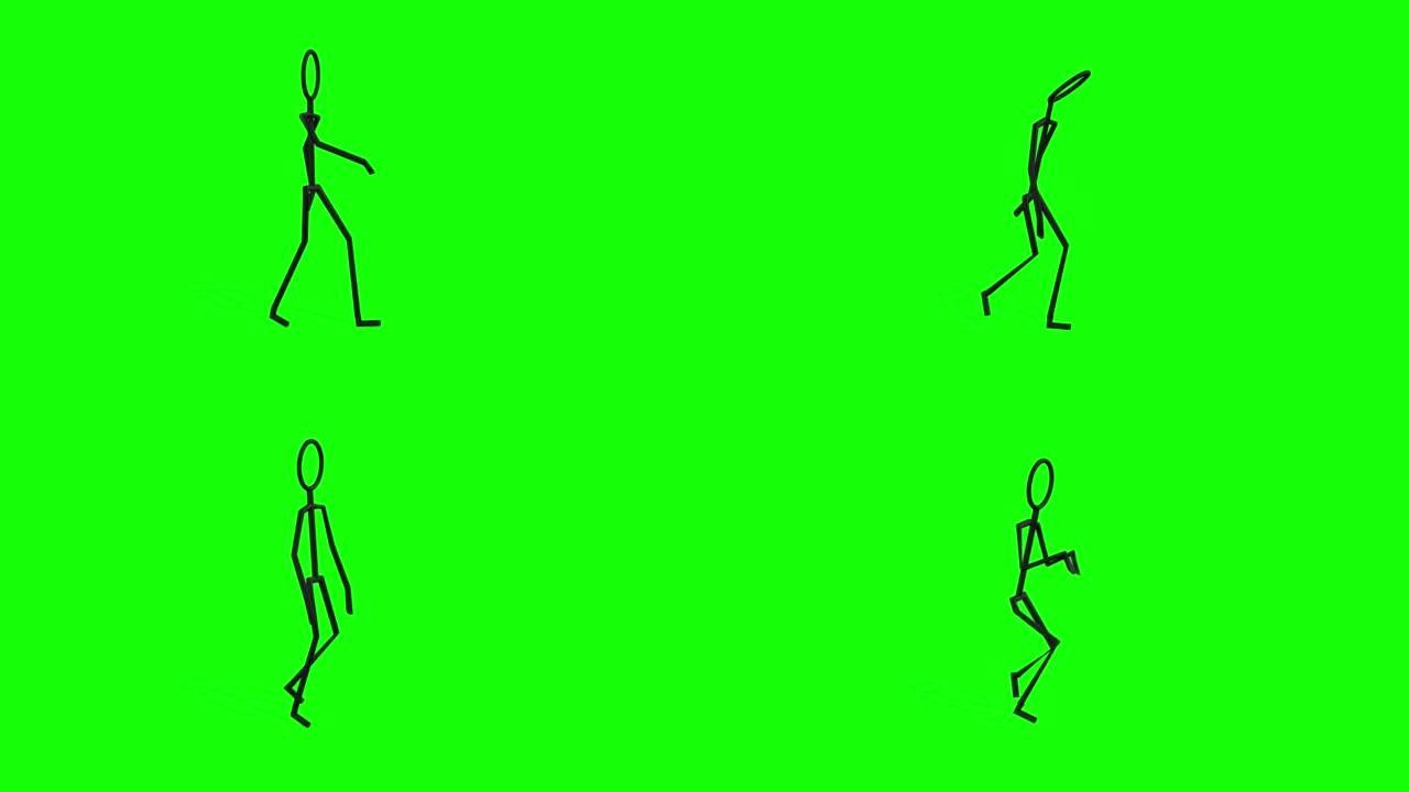 火柴人卡通人物动画，八圈走步动作。色度键，木棒人物动画隔离在绿色屏幕上，透明背景。