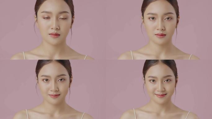 缩小镜头美丽的亚洲年轻女子肖像与光滑健康的皮肤睁开眼睛，美丽的亚洲年轻女子看着相机。