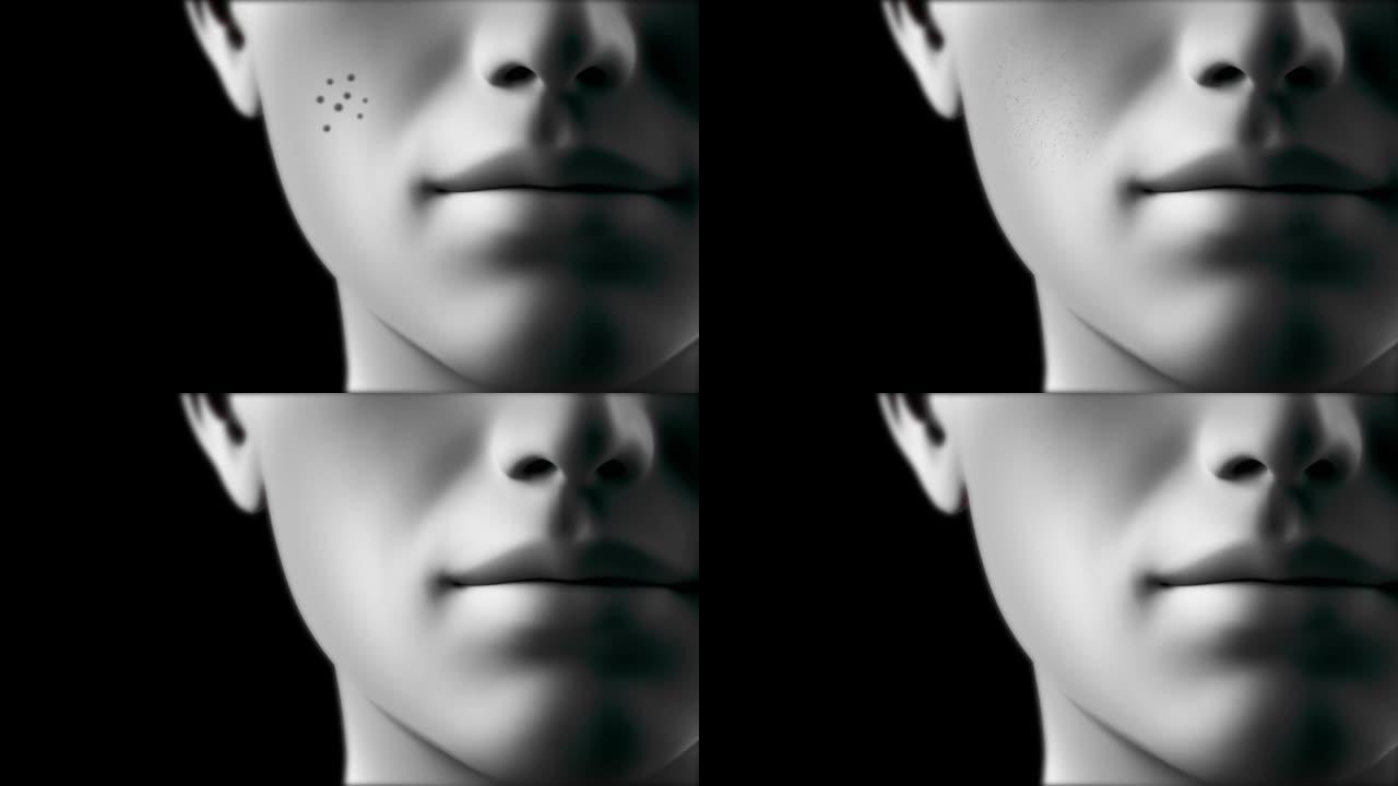 3D animation Face close-up repair effect skin dirt