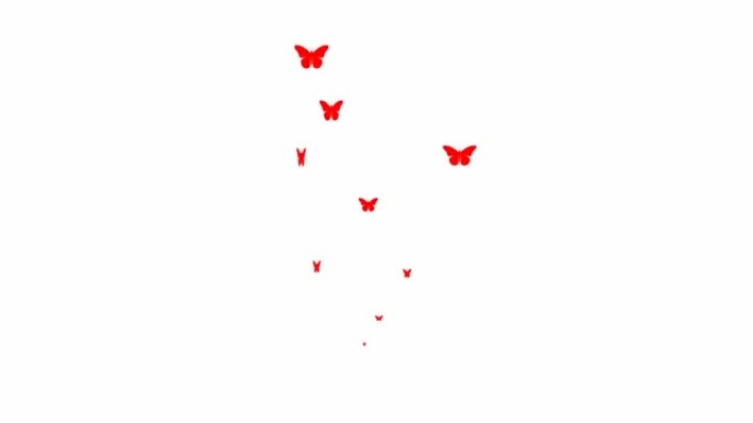 动画红蝴蝶从下往上飞。飞蝶的喷泉。夏天的概念。矢量插图孤立在白色背景上。