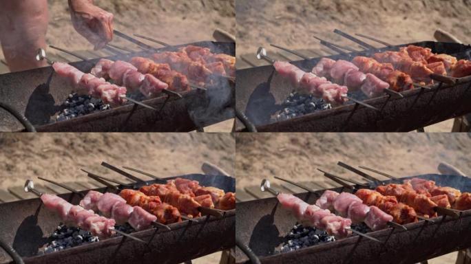 肉类烧烤是在烤串上和烤架上油炸的