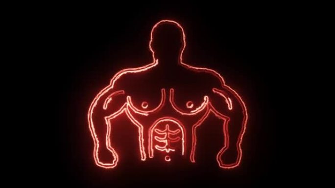 霓虹灯线健美运动员显示他的肌肉图标孤立在黑色背景上。
