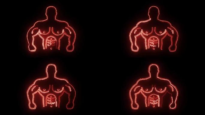霓虹灯线健美运动员显示他的肌肉图标孤立在黑色背景上。