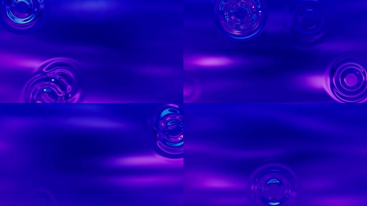 表面的超现实分形水滴。3D抽象旋流波折射光装饰。蓝紫色液体汞模糊背景4k视频循环动画，