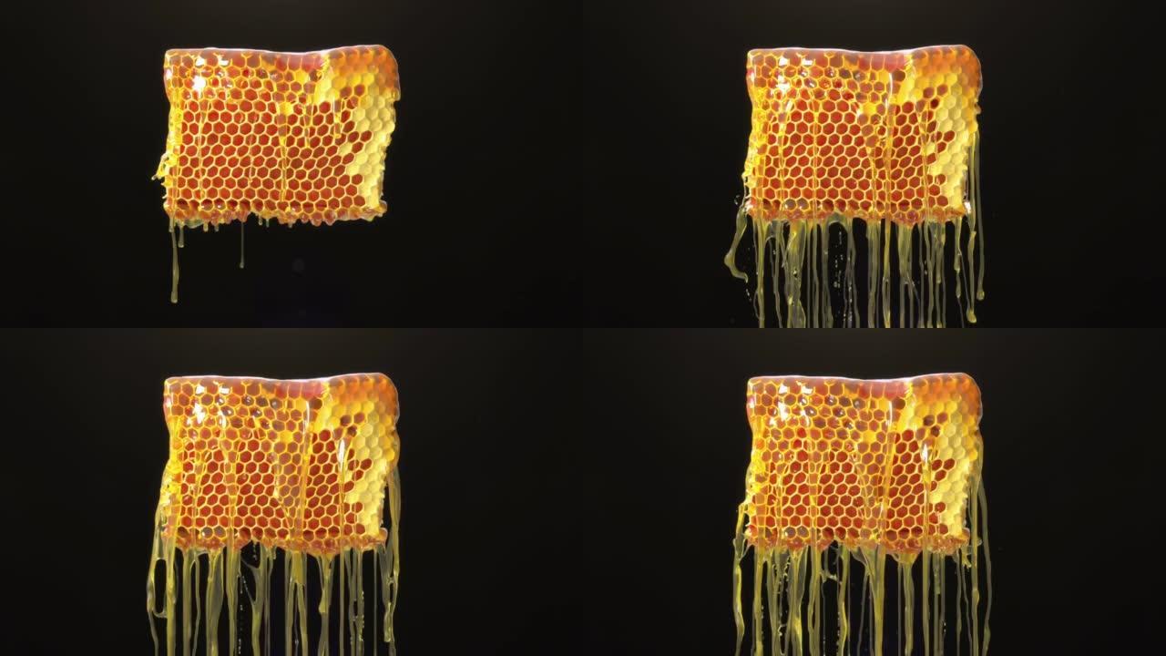 在黑色背景上关闭从蜂蜜梳状隔离物中滴落的慢动作蜂蜜液体。4k. 3D动画。镜头光斑选择性聚焦。