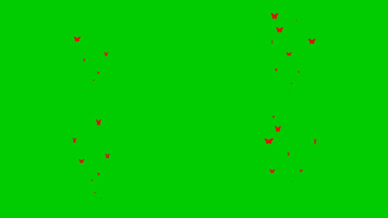 动画红蝴蝶从下往上飞。飞蝶的喷泉。夏天的概念。矢量插图孤立在绿色背景上。