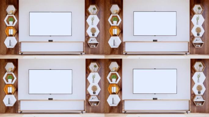 客厅禅宗风格空墙背景上的橱柜木制日本设计。3d渲染
