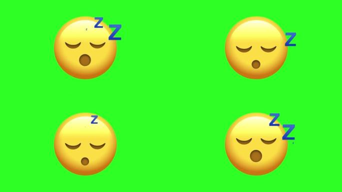 动画睡眠表情符号。无缝循环。b4K卡通表情符号，绿屏背景上的面部表情动画。社交媒体表达，情感和情感共