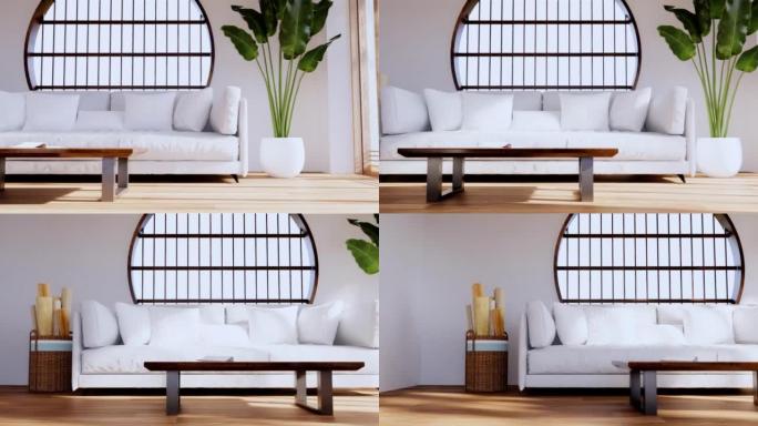 日本热带设计和榻榻米地板上的白色沙发