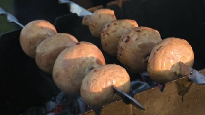 夏天日落时，腌制的白色香菇串在烤串上，然后在烤架上的煤上煮熟。大自然中的野餐。小景深。