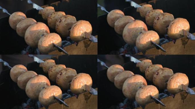 夏天日落时，腌制的白色香菇串在烤串上，然后在烤架上的煤上煮熟。大自然中的野餐。小景深。