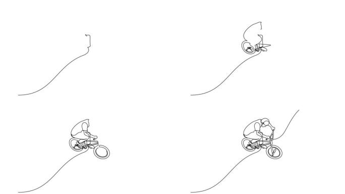 BMX自行车骑手的连续线绘制自画动画在滑板场进行空中飞行。极限运动概念。
