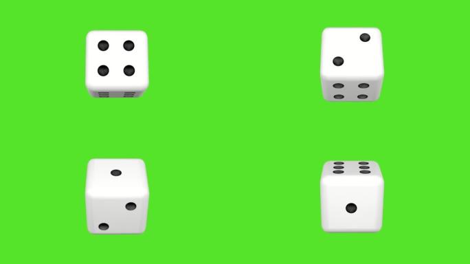 骰子在绿色屏幕上旋转。3D动画