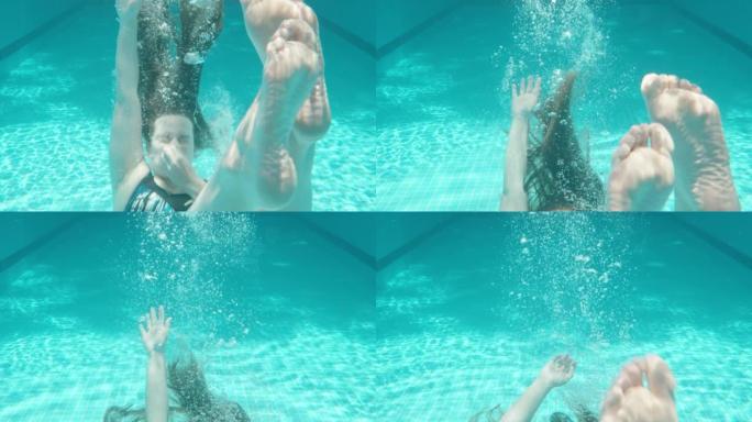 蓝色游泳池，水下拍摄，晴天。胖乎乎的女孩淹死在水里。慢动作