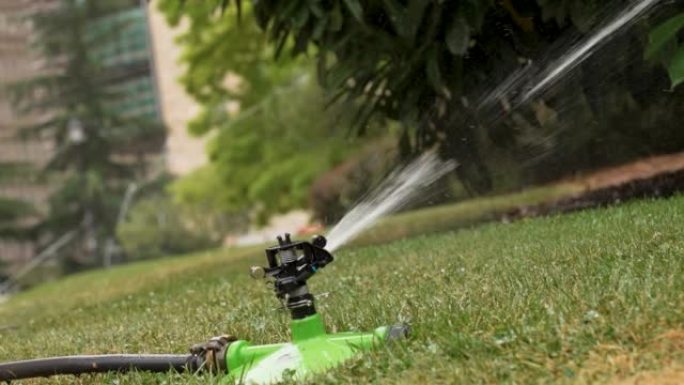 自动浇水洒水喷头在绿草和树木上喷射水。塑料喷嘴。夏季城市公园草坪的灌溉