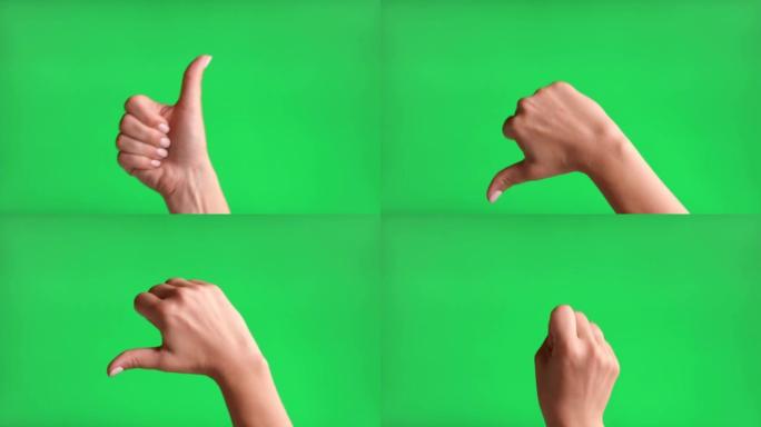 手势包。米色修指甲的女性手显示拇指向上，拇指向下隔离在色度键绿色屏幕背景上。肢体语言。4k素材包。特