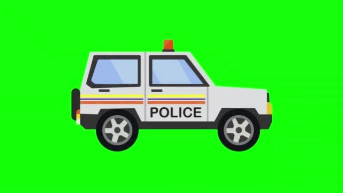 警车图标动画。带有alpha通道的车辆循环动画，绿色屏幕。
