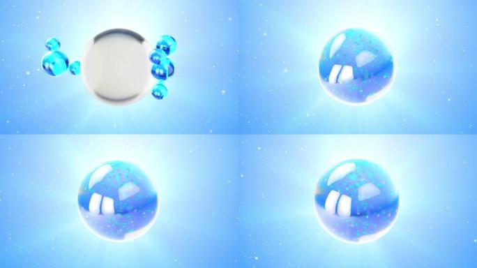 3D动画护肤维生素胶原蛋白。原子分子飞入血清霜软球。