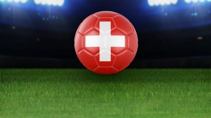 瑞士国旗足球，带灯跳入体育场。足球场和球，4k分辨率，循环-股票视频