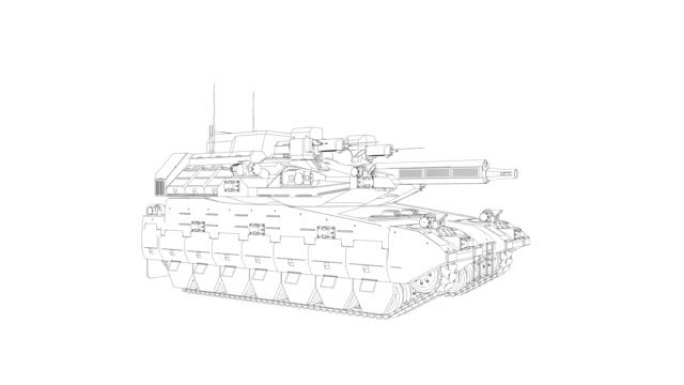 带有细黑线的军用坦克线框的循环旋转动画。坦克迫使未来全息图在循环的白色孤立背景上。