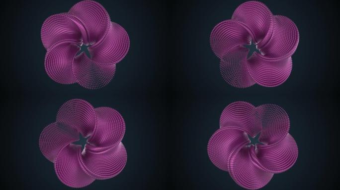 旋转抽象花的矩形粒子由黑色背景上的反射环绕，抽象扭曲的形状。深蓝色背景上的粉红色颗粒。业务演示