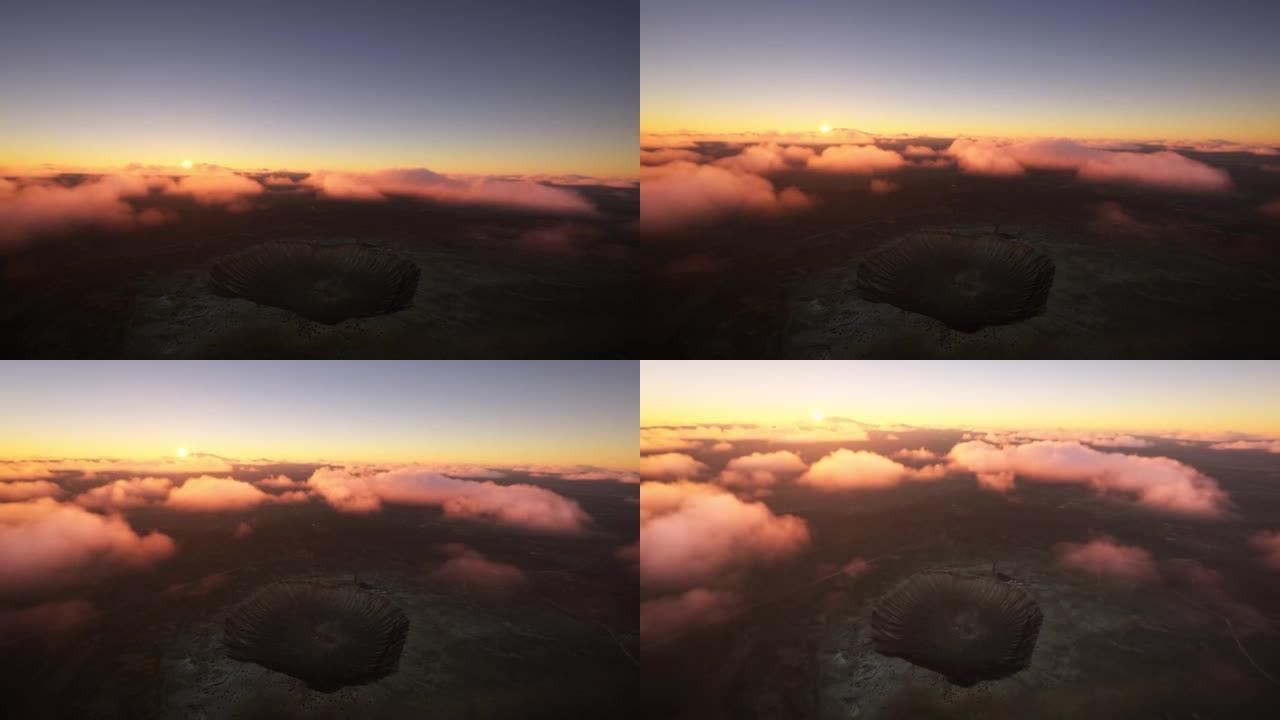 亚利桑那州温斯洛巴林杰陨石坑的日落鸟瞰图。美国
