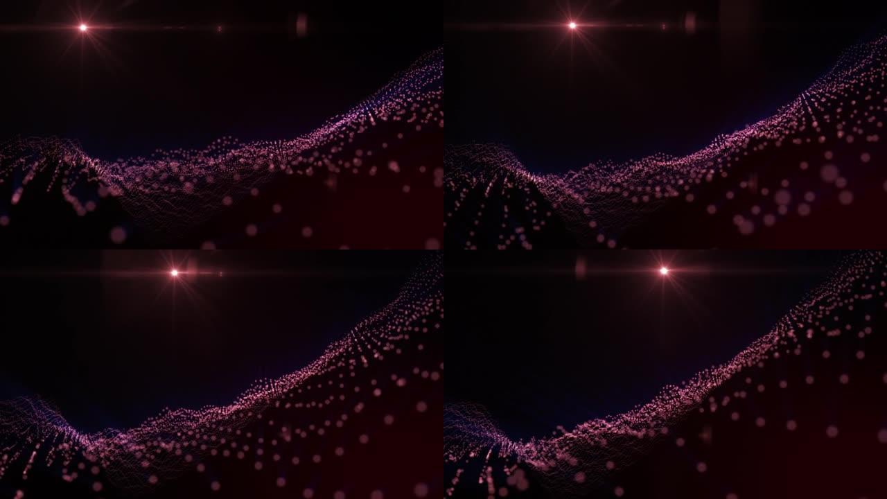 3D无缝动画作为黑暗背景上流动粒子的数字科幻背景，具有景深