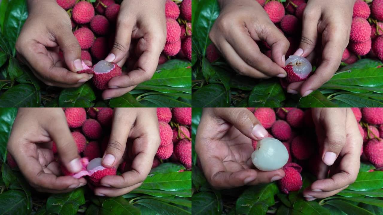 一个年轻女孩的手试图剥荔枝水果。吃新鲜荔枝的女孩。女人和荔枝水果。吃水果的概念。特写4k视频。